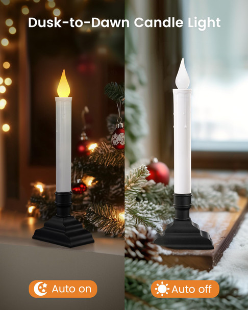 SURAIELEC 4 Pack Battery Operated Window Candles, Dusk-to-Dawn Window Lights with Removable Candle Holders, LED Flameless Candlesticks for Christmas Window, Mantel, Dining Table, Matte Black