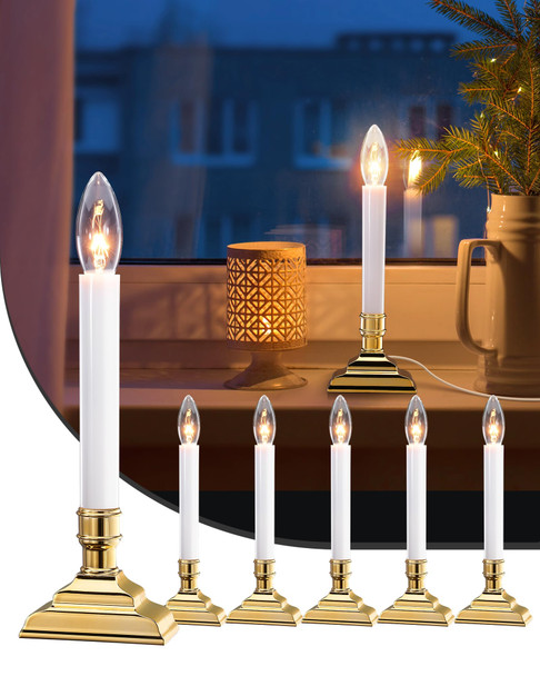 SURAIELEC 6 Pack Plug-in Window Candles, Dusk-to-Dawn Window Lights with Gold Candle Holders, Flameless Candlesticks for Christmas Window, Mantel, Dining Table, Gloss Gold, UL Listed
