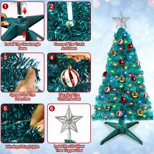 [ 12 Modes & Remote Control ] SURCVIO 3 Ft Christmas Tree with Timer 50 Four Color LED Lights DIY 15 Ball Ornaments Star Artificial Pencil Full Xmas Tree Indoor Outdoor Home Holiday Decorations (Blue)