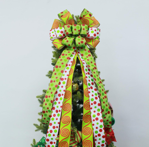 Christmas Tree Topper Wreath Bow Handmade Large Green Christmas Bow Tree Topper, 44"x13" Red Green Dot Bow for Xmas Ornament Holiday Home Decor Christmas Tree Topper Wreath Bow Handmade Large Green Christmas Bow Tree Topper, 44"x13" Red Green Dot Bow for Xmas Ornament Holiday Home Decor