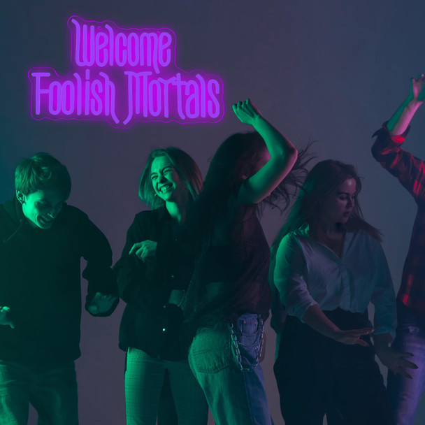 Welcome Foolish Mortals Neon Sign,Dimmable Spooky Gothic Haunted Mansion Decor Coffin LED Neon Signs for Wall Decor,USB Powered Led Neon Light for Party Haunted House Man Cave Birthday Christmas s(16.19.4in) (Purple)