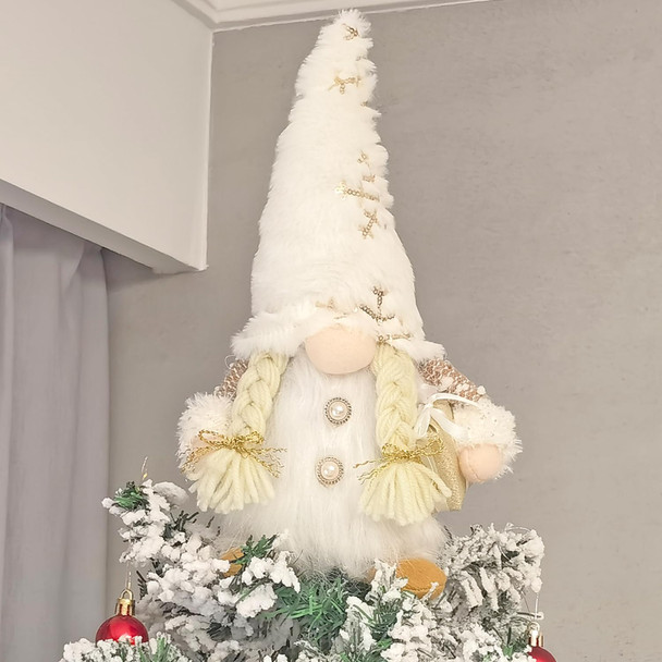 Gnome Christmas Tree Topper, 12 Inch Swedish Tomte Gnome Christmas Ornaments Santa Gnomes Plush Scandinavian Christmas Decorations Holiday Home Décor White Gnome Christmas Tree Topper with Lights