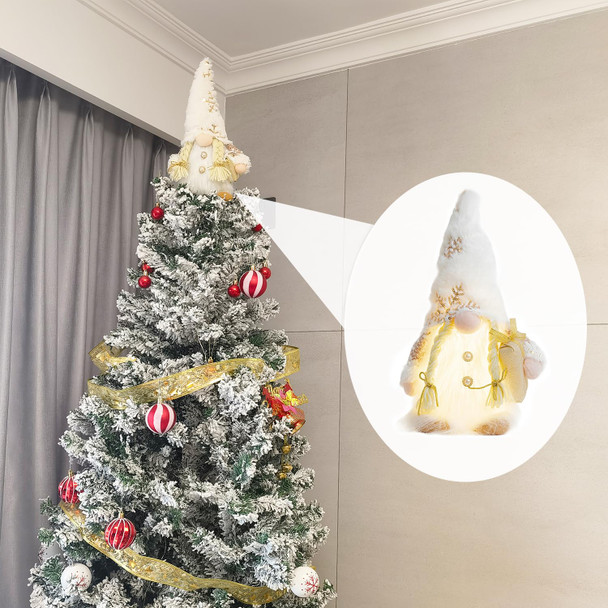 Gnome Christmas Tree Topper, 12 Inch Swedish Tomte Gnome Christmas Ornaments Santa Gnomes Plush Scandinavian Christmas Decorations Holiday Home Décor White Gnome Christmas Tree Topper with Lights