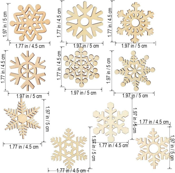 T-Antrix 50pcs DIY Wooden Snowflakes Unfinished Wood Ornaments Cutouts Christmas Wood Snowflake for Christmas Decoration Christmas Tree Hanging Embellishments and Craft DIY with Strings