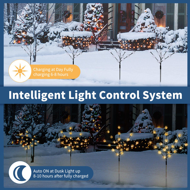 Solar Christmas Pathway Lights, 4 Pack Artificial Tree Snowflake Stake Lights, Waterproof Christmas Decorations for Yard Garden Patio Party Winter Decor (Warm White)