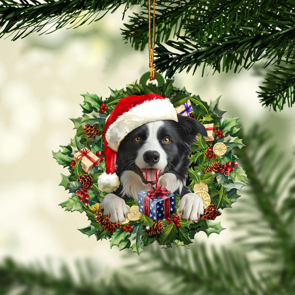 Talataca Border Collie Wearing A Christmas Hat Wreath Dog Lover 2D Flat Car Rear View Mirror Accessories Christmas Tree Ornament Decoration Hanging Charm Interior Rearview Pendant Decor