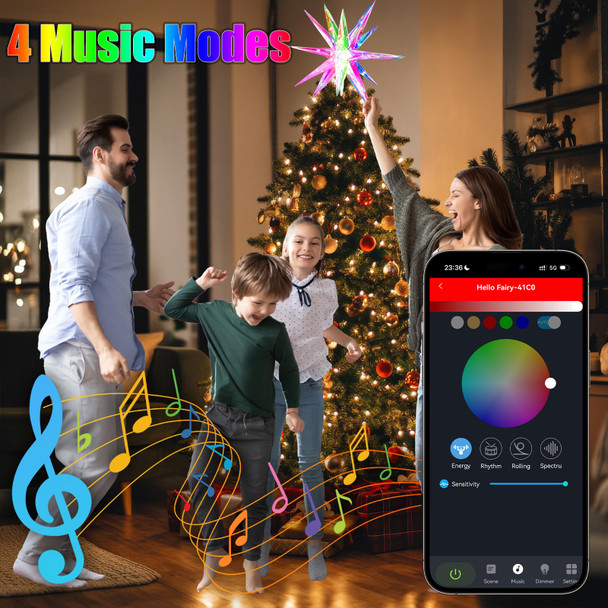 Christmas Star Tree Topper, 10.6" Smart Star Tree Top of Crystal-Like 3D Polygonal Shell, Light Tree top w/Remote Control/App, Music Sync RGB Color Changing Control LED Christmas Light, 18 Lights