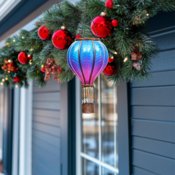 TERESA'S COLLECTIONS Hot Air Balloon Solar Lantern for Garden Decor Halloween Christmas Party,Flickering Flame Hanging Solar Light for Outdoor ,Blue & Purple Plastic Lamp for Yard Tree, for Mom