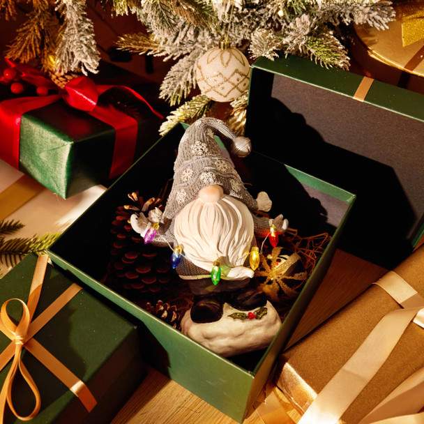 TERESA'S COLLECTIONS Christmas Decorations Garden Gnome with LED Lights, Solar-Powered Outdoor Statue, Festive Silver Decor, Durable Resin Sculpture for Front Porch, Yard, Ideal 8.8"