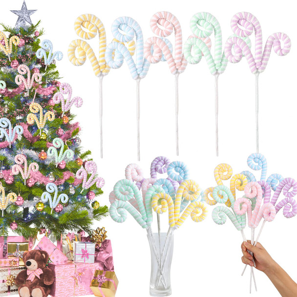 5pcs Set Macaron Color Christmas Decorations Picks, Christmas Tree Woolen Candy Cane Curly Pick, Christmas Tree Topper Decorations Home Vase Holiday Party Ornaments