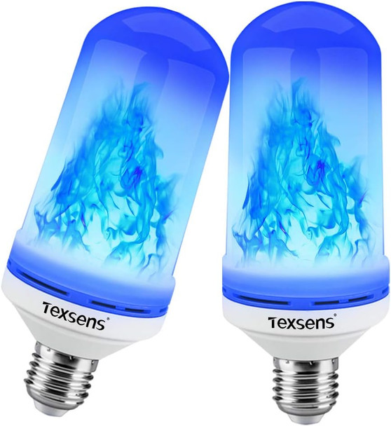 Texsens LED Blue Flame Effect Light Bulbs - 4 Modes Flickering Fire Flame with Upside-down Effect, Simulated Decorative Lights Vintage Flaming Lamp for Halloween/Christmas Decoration/Party/Bar- 2 Pack