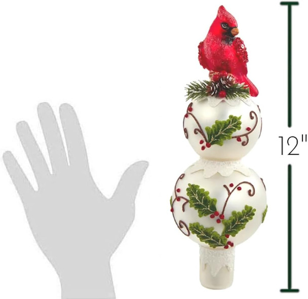 The Bridge Collection 12" Glass Holly and Cardinal Tree Topper - Red Bird Glass FInial Tree Topper - Country Christmas Decor - Vintage Style Tree Topper