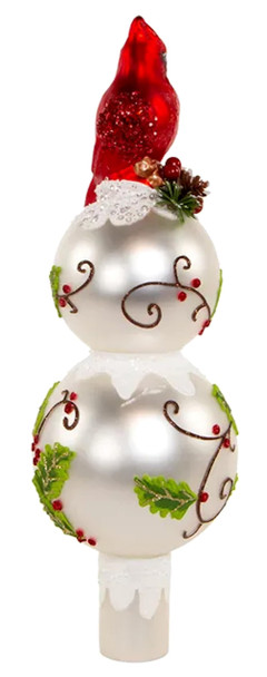 The Bridge Collection 12" Glass Holly and Cardinal Tree Topper - Red Bird Glass FInial Tree Topper - Country Christmas Decor - Vintage Style Tree Topper