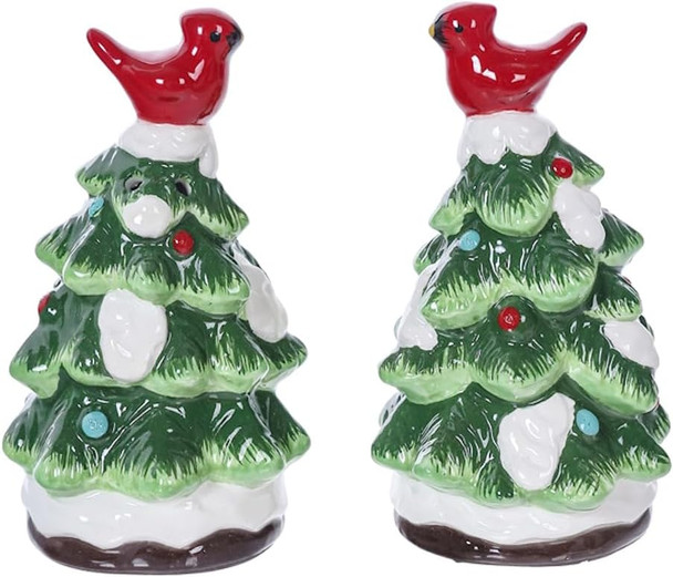 The Bridge Collection Snowy Christmas Tree Salt and Pepper Shakers - Festive Ceramic Salt & Pepper Shakers - Christmas Trees with Cardinals Holiday Kitchen Tabletop Decor