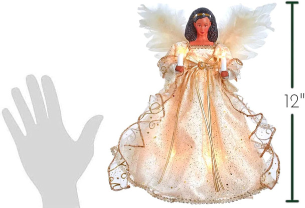 The Bridge Collection 12" African-American Angel Tree Topper - Angel Tree Topper - Lighted Tree Topper - Christmas Angel Decor