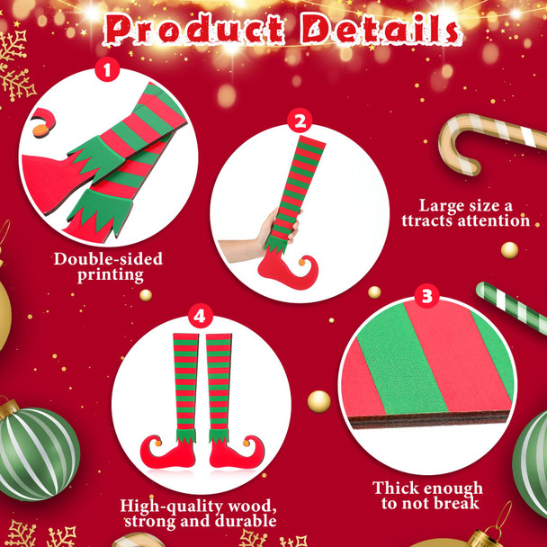 Thyle 4 Pcs Large Christmas Elf Legs Tree Ornaments 15 Inch Wood Stripe Elf Legs Wooden Elf Legs Christmas Topper Decorations Double Printed Xmas Tree Elf Feet Decorations for Holiday Party