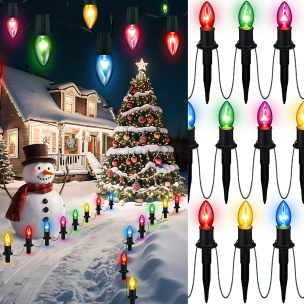 Christmas Lights Outdoor 20 Pathway Lights - 24.2ft Multicolor Walkway Lights with Stakes, C9 Driveway Lights for Outside Yard Garden, Extendable for Xmas Holiday Decorations, 20 Lights