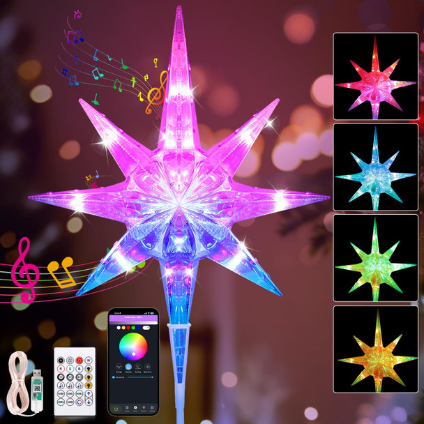 TOBUSA 14.5" Smart Christmas Tree Topper Star, Lighted Treetop Christmas Tree Decoration with Timer, 8-Pointed Bethlehem Star Bluetooth APP Remote Control Music Sync, DIY Color Changing LED Xmas Light