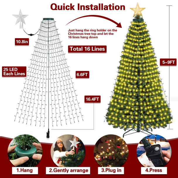 Christmas Tree Lights with Star, 400LED Warm Yellow Christmas Lights, 6.6FTx16 Lines Led String Lights, with 8 Modes & Memory Function, Christmas Lights for Tree Indoor Outdoor Decoration