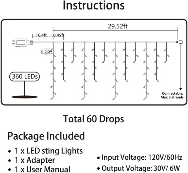 Toodour Christmas Icicle Lights Outdoor, 360 LED 29.5ft 8 Modes Fairy Icicle String Lights with 60 Drops, Led Christmas Twinkle Lights for Holiday, Party, Wedding, Christmas Decorations (Warm White)