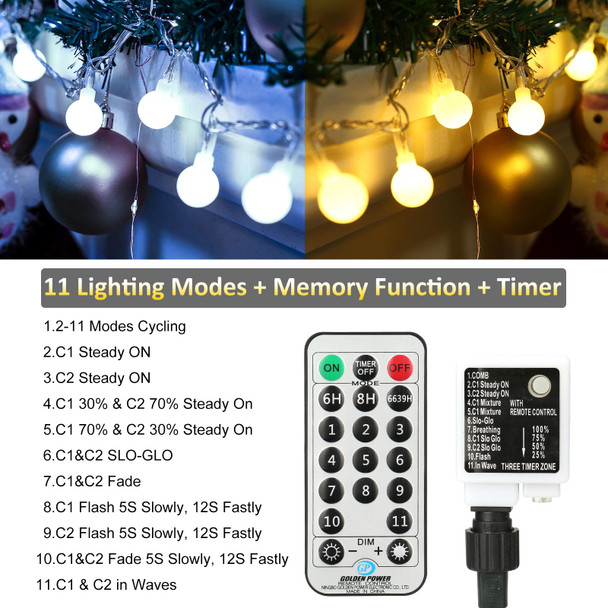 Toodour Christmas String Lights, 40ft 120 LED Color Changing Christmas Lights, 11 Modes, Timer, White & Warm White Globe Fairy Lights for Party, Home, Tree, Bedroom, Xmas Indoor Outdoor Decorations