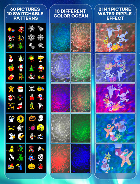 Halloween Christmas Projector Lights Outdoor Indoor, 2 in 1 HD Remote Control 60 Pattern Led Holiday Projector Light, IP44 Waterproof Decorations, Landscape Decor Outside for Xmas Yard Party