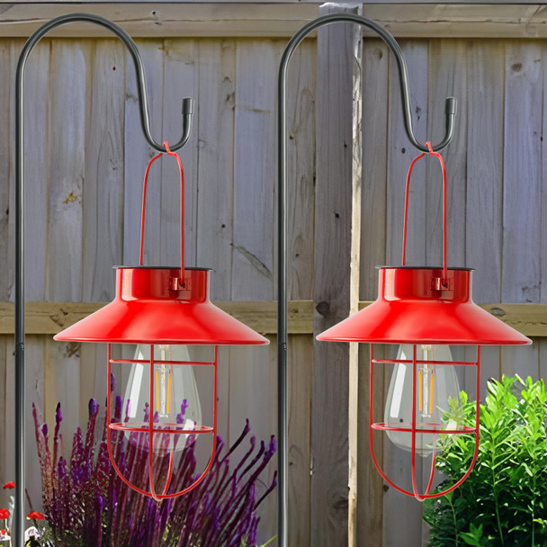 2 Pack Solar Lights Lantern Lamp with Shepherd Hook, Christmas Outdoor Decor, Solar Lantern,Metal Waterproof Edison Bulb Lights , Outdoor Garden Decorations Lights for Yard and Pathway (Red)