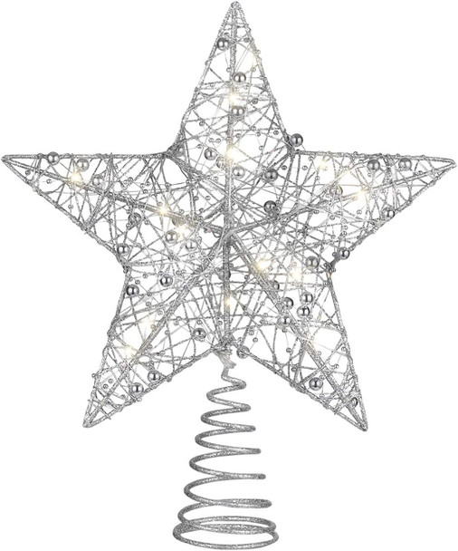 Xmas Tree Topper- Star Christmas Tree Topper, Christmas Decoration, Star Treetop Light, Metal Christmas Treetop for Christmas Home Decoration(Silver, 25 x 30cm)