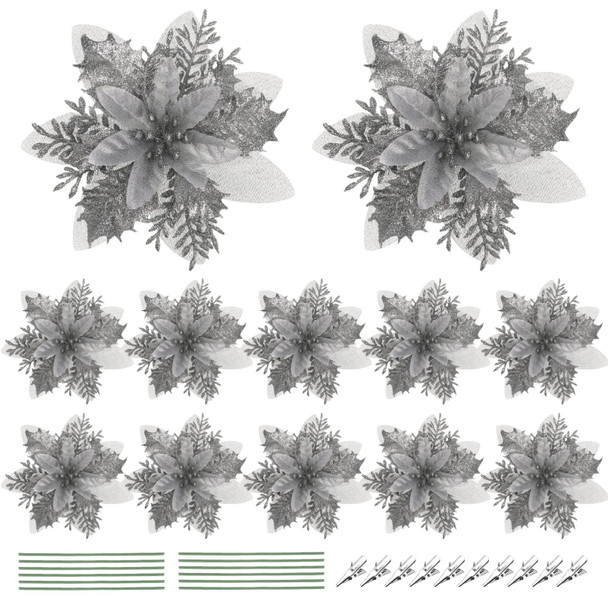 Christmas Glitter Poinsettia Xmas Artificial Flowers Decorations with Clips and Stems Glitter Christmas Tree Fake Flowers for Christmas Wreath Door Garland Xmas Tree Wedding Year