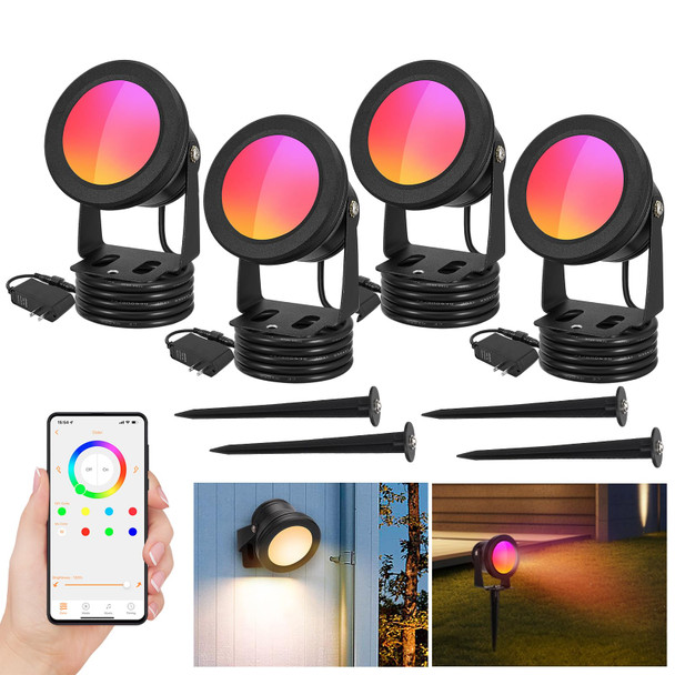 4 Pack Spotlight Outdoor Floodlight Fixture With Stake & Wall Mount Base, APP Control, 15W RGBW Landscape Lighting Dimmable Color Changing IP67 Waterproof for House Garden Yard Christmas Tree Decor