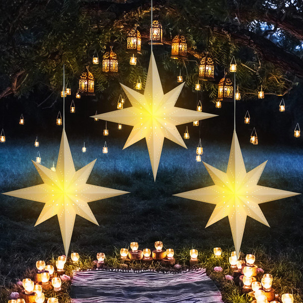 Paper Lantern Christmas 8 Pointed Hanging Star with LED Light String Lampshade Pendant Xmas Ornament for Wedding Holiday Birthday Home Decor 23.6 Inches(White)