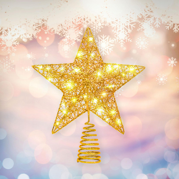 Glittering Gold 24 LED Lights Five-Pointed Star 30cm×25cm Christmas Tree Topper - Perfect for Christmas Tree Decorations