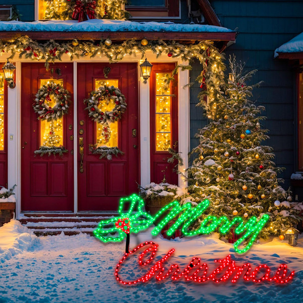 Large Merry Christmas Neon Light 49" x 26" 630 LED Christmas Green and Red Lighted Sign Outdoor LEDs Christmas Decorations for Outdoor Home Wall Door Holiday Party Hanging Decor