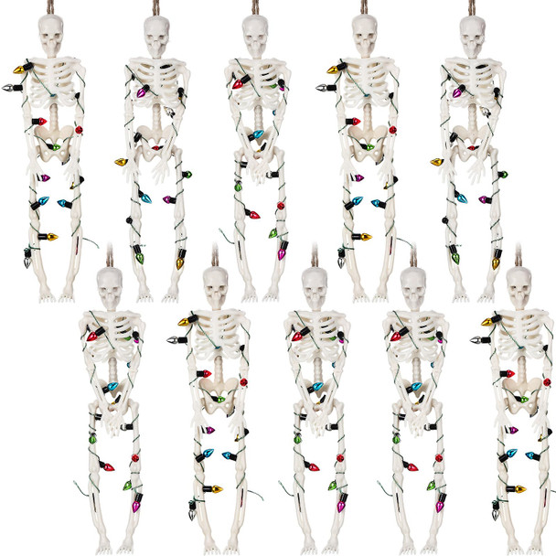 10 Pcs Christmas Skeleton Wrapped in Lights 6.7 Inch Christmas Tree Hanging Ornament Scary Skeletons Mini Skeletons Figurines for Haunted House Graveyard Halloween Party Decor