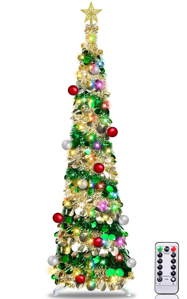 [ Remote Control & 8 Modes ] 6 Ft Lighted Slim Christmas Tree with Timer 100 Warm White & Multicolor Changing Lights Battery Powered Big 3D Star,Tinsel Pop Up Pencil Full Tree Holiday Xmas Decoration