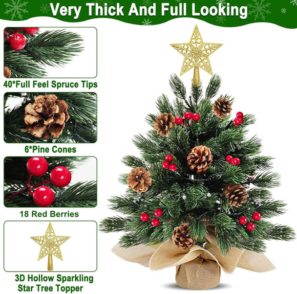 2 Pack 18 Inch 60 LED Realistic-Feel PE Thick Tabletop Christmas Tree Warm Lights with Timer Battery Operated Cedar Norfolk PE Pine Spruce Mini Small Christmas Tree Red Berry Pinecone Star Xmas Decor