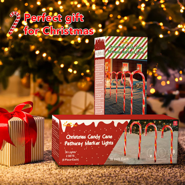 Twinkle Star Christmas Candy Cane Lights, 10 Pcs Christmas Pathway Markers with 60 Count Incandescent Warm White Fairy Lights for Outdoor Holiday Walkway Patio Garden Christmas Decorations