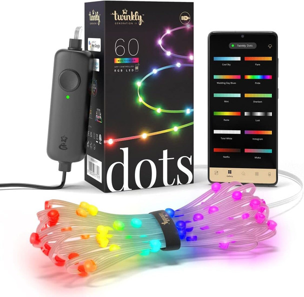 Twinkly Dots 10ft, Multicolor 60 LED Strip, Flexible RGB LED Strip, Compatible with Alexa and Google Home, Gaming, 16 M+ Colors, USB Powered, App Mapping, Transparent Wire Twinkly Dots 10ft, Multicolor 60 LED Strip, Flexible RGB LED Strip, Compatible with Alexa and Google Home, Gaming, 16 M+ Colors, USB Powered, App Mapping, Transparent Wire