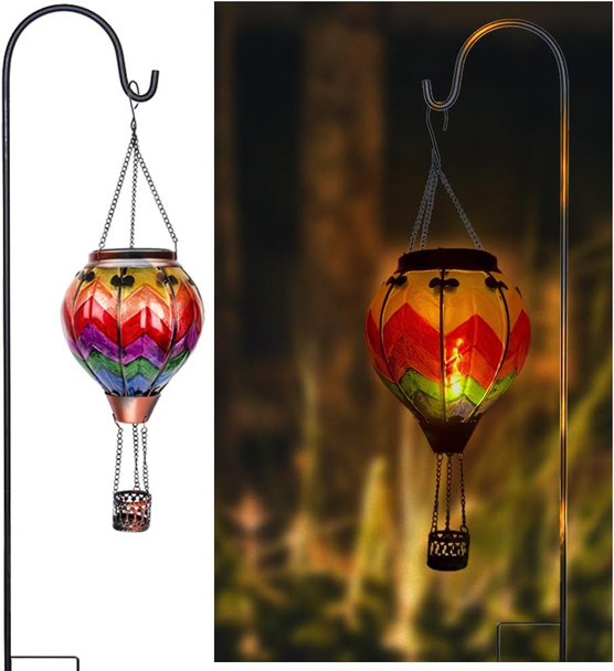 2PCS Hot Air Balloon Solar Lanterns with 2PCS Shepherd's Hooks, Glass Hanging Solar Lantern with Flame Light Solar Christmas Lights Outdoor Waterproof for Yard Patio Decor(Wavy-Colorful)