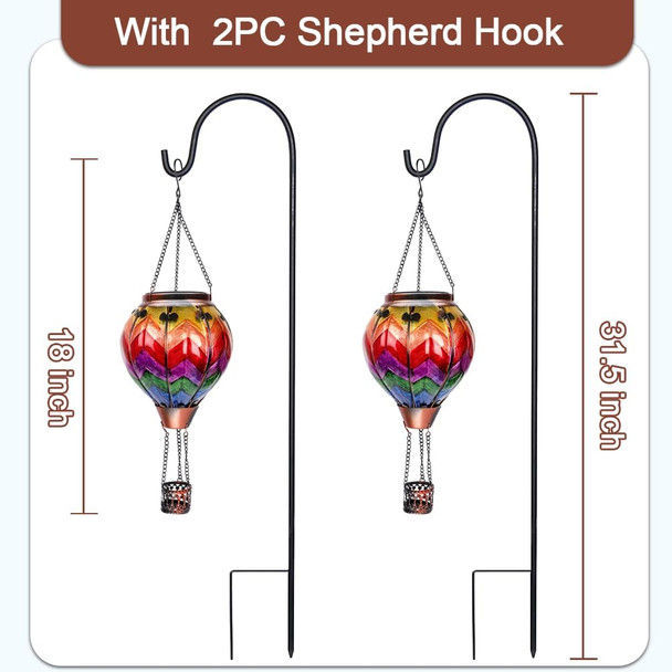 2PCS Hot Air Balloon Solar Lanterns with 2PCS Shepherd's Hooks, Glass Hanging Solar Lantern with Flame Light Solar Christmas Lights Outdoor Waterproof for Yard Patio Decor(Wavy-Colorful)