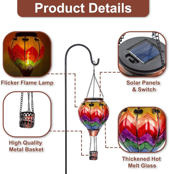 2PCS Hot Air Balloon Solar Lanterns with 2PCS Shepherd's Hooks, Glass Hanging Solar Lantern with Flame Light Solar Christmas Lights Outdoor Waterproof for Yard Patio Decor(Wavy-Colorful)