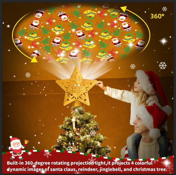 Star Christmas Tree Topper Lighted with Built-in Rotating LED Projector, Gold Glitter Starburst Tree Top Projection of 4 Dynamic Images for Christmas Tree Home Office Party Decor Ornament