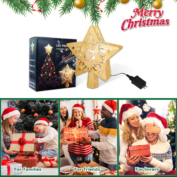Star Christmas Tree Topper Lighted with Built-in Rotating LED Projector, Gold Glitter Starburst Tree Top Projection of 4 Dynamic Images for Christmas Tree Home Office Party Decor Ornament