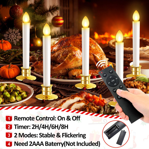 10 Pack Christmas Window Candles Lights Flameless Candles Battery Operated Candles with Remote Control Timer Gold Holders LED Candles for Party Thanksgiving Xmas Table Top Window Christmas Decorations