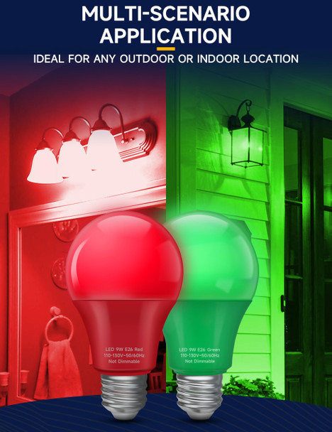 Red and Green Light Bulbs, 9W A19 LED Christmas Light Bulbs, E26 Red Light Bulbs Green Light Bulbs, 60W Equivalent, Color Light Bulbs for Halloween Christmas Party Outdoor Porch Decoration, 4 Pack