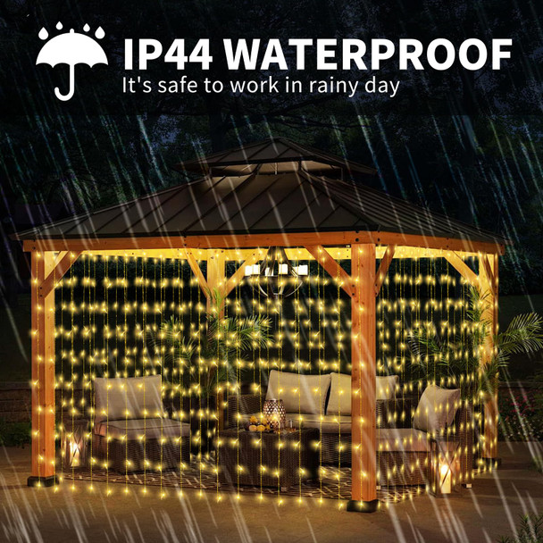 32.8 6.56FT Large Size Solar Curtain Lights Outdoor, 8 Modes Outdoor Solar String Icicle Lights, Solar Garden Christmas Lights Decortions for Patio, Gazebo, Eaves, Fence, Tree, Porch (Warm White)