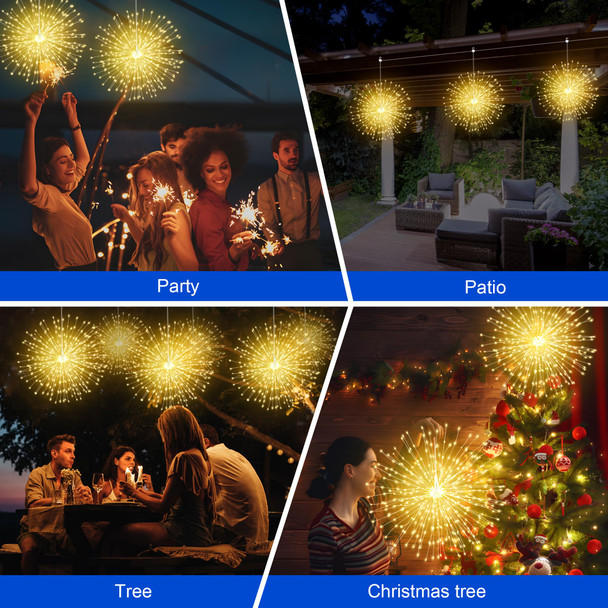 Solar Christmas Lights 3 in 1, 600 LED Solar Firework Hanging Lights Outdoor with USB Rechargerable, 8 Modes Waterproof Solar Fairy Lights for Gazebo Yard Party Wedding Christmas Decorations