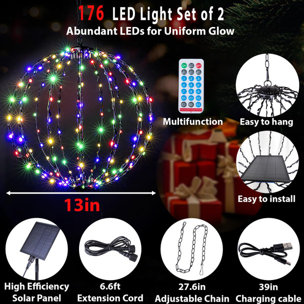 176 LED 13” Outdoor Christmas Light Balls, Solar Hanging Lighted Sphere Balls Lights, Prelit Fold Large Rechargeable Waterproof, Globe Light Ball for Outside Indoor Tree Eave Garden Decorations -2pack 176 LED 13” Outdoor Christmas Light Balls, Solar Hanging Lighted Sphere Balls Lights, Prelit Fold Large Rechargeable Waterproof, Globe Light Ball for Outside Indoor Tree Eave Garden Decorations -2pack