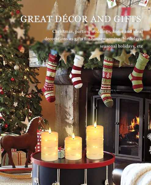 Upinmz Flameless Candle Battery with String of Lights Battery Powered LED Candle Flashing Candle with Remote Control and Timer 3 Packs (Ivory)