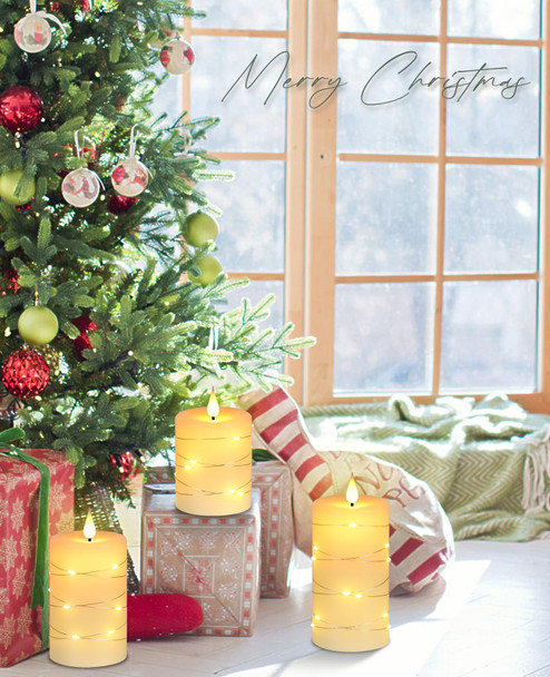Upinmz Flameless Candle Battery with String of Lights Battery Powered LED Candle Flashing Candle with Remote Control and Timer 3 Packs (Ivory)